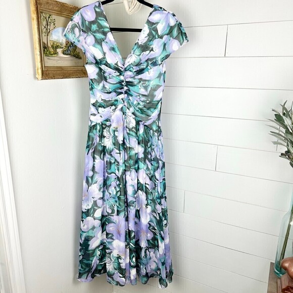 Tadashi Shoji Edith Printed Floral A-Line Dress Tea Midi Length Lilac NWT Size 8 - Picture 7 of 14